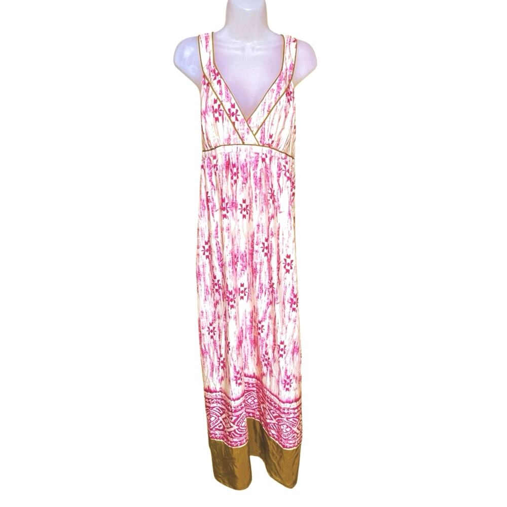Loft 100% Silk Tribal Print Maxi Dress Size 8 Pink Cream Back Crossover Straps